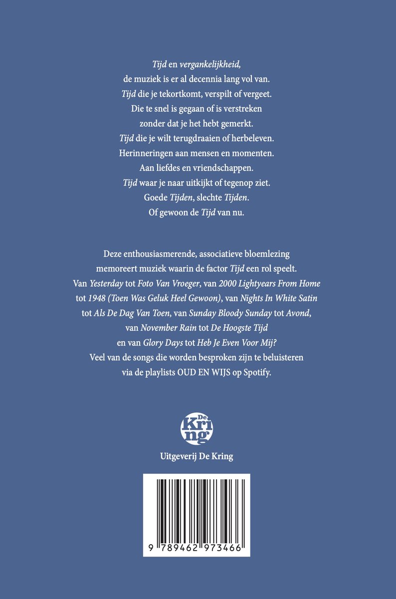 Boek 'Oud en wijs' van De Kring, met tekst over muziek en tijd. Titel 'Oud en wijs' en barcode.