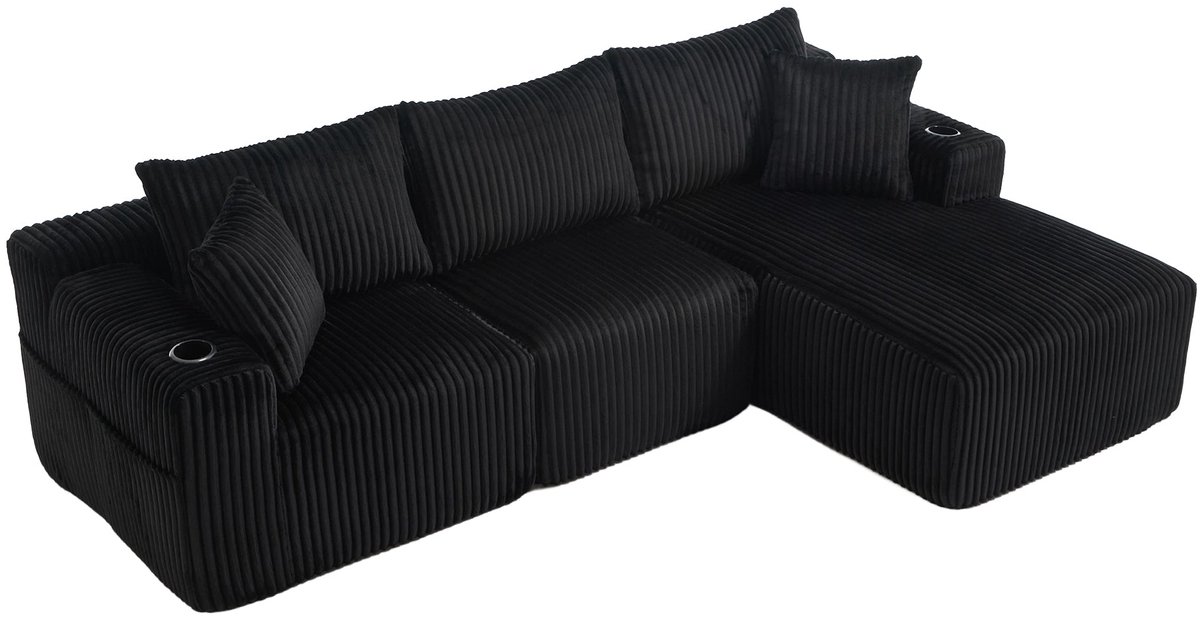 Merax Modulaire Hoekbank met Chaise Longue - 2-zits Sofa - Zachte Ribfluwelen Stof - 5 Kussens - Zijvakken en Bekerhouders - Hoge Dichtheid Schuimvulling - Ideaal voor Woonkamer of Appartement - Zwart
