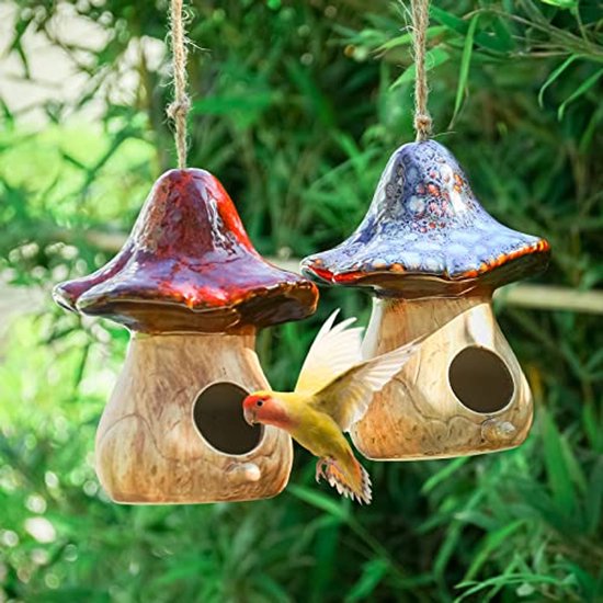 Set de 2 nichoirs suspendus décoratifs en forme de champignon pour oiseaux sauvages Plein air