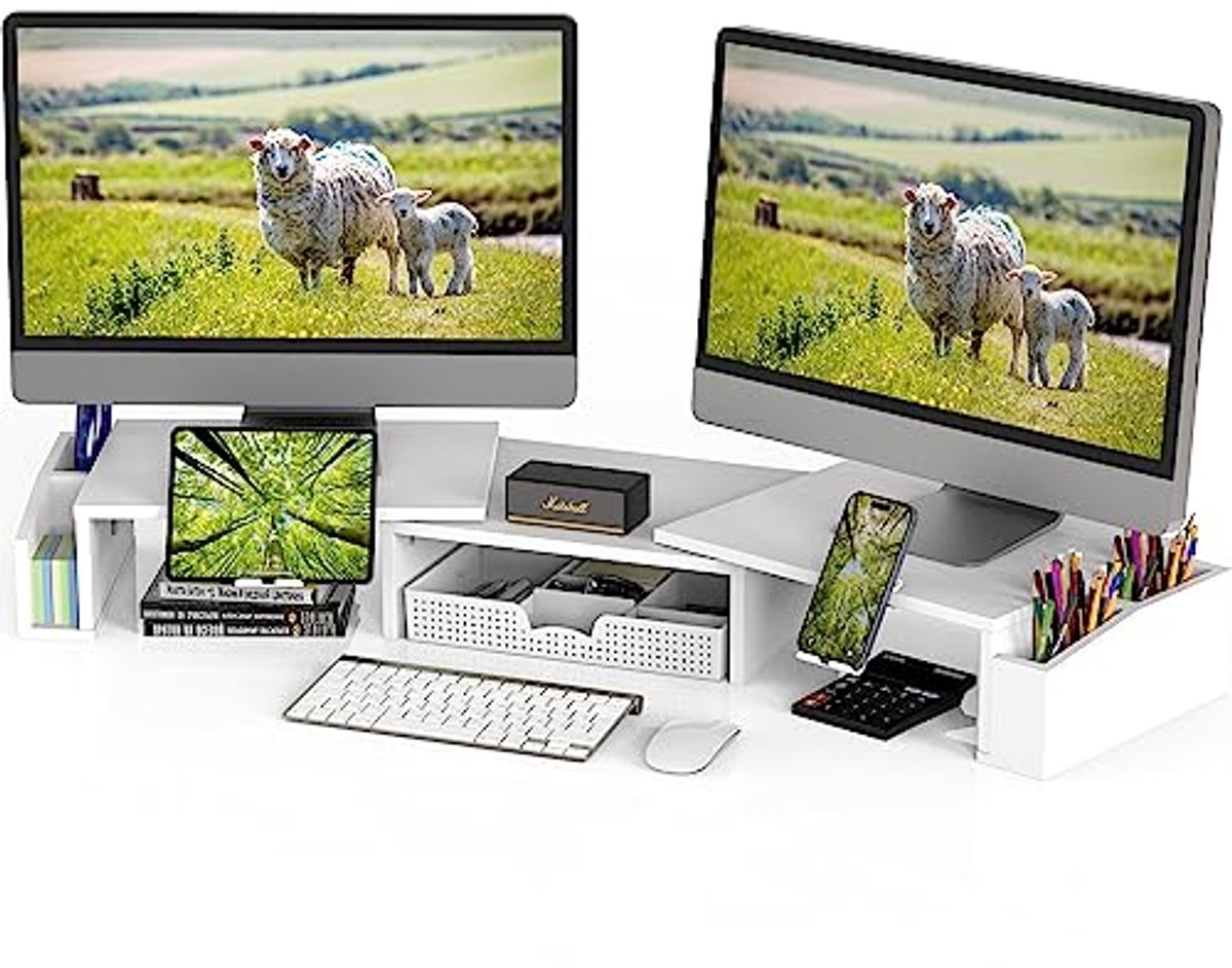 Dubbele Monitor Stand Riser met Lade - Wit