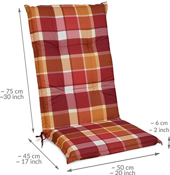 Beautissu Set van 6 Tuinkussens met Lage Rugleuning voor Tuinstoelen 100 x 50 cm Sunny RO – Comfortabele Tuinstoel Stoelkussens met UV-lichtechtheid Kussens in Rood Geruit