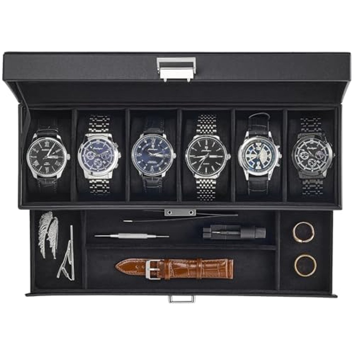 2-Tier Horlogedoos met Transparante Deksel voor 6 Horloges en Lade - Organisator voor Sieraden