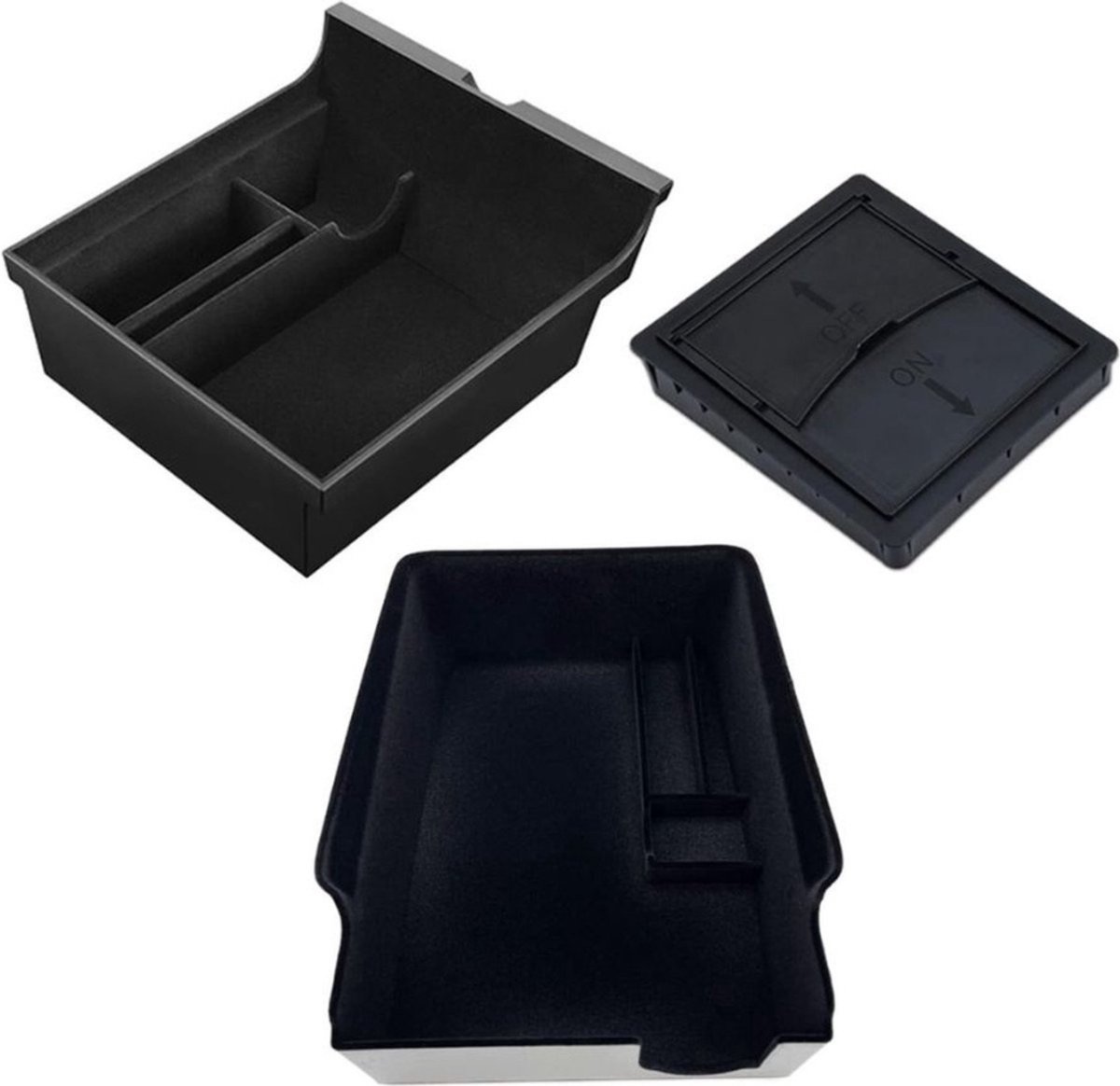 Tesla Middenconsole Organizer - Tesla Accessoires Voor Model 3 en Y - Auto Interieuraccessoires Met Opbergbak, Bekerhouder, Flessenhouder en Lade - Zwart - 3 Pack