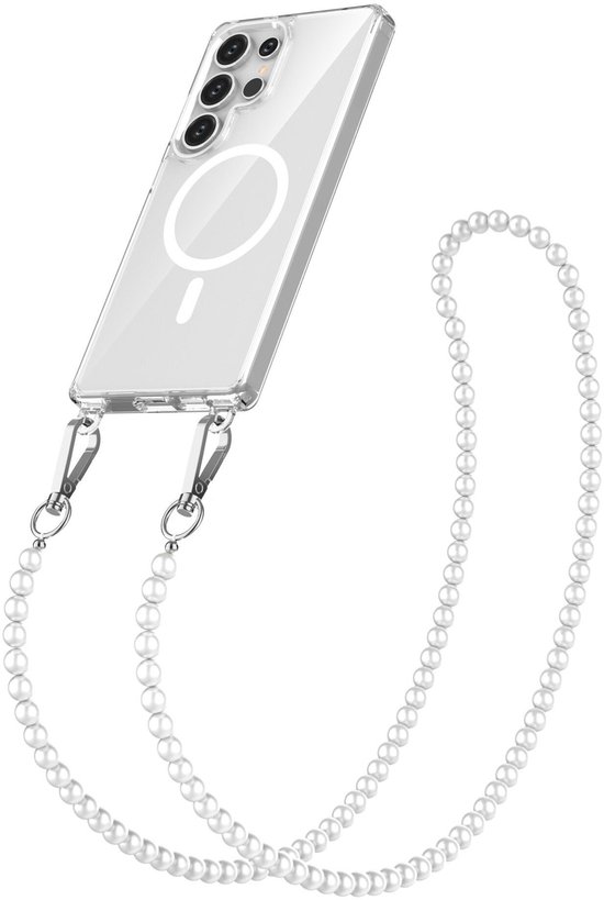 Coque Samsung Galaxy S25 Ultra avec cordon amovible - Collection Solidenz - Coque arrière avec chaîne S24/S25 - Compatible MagSafe avec cordon nacré - Transparente