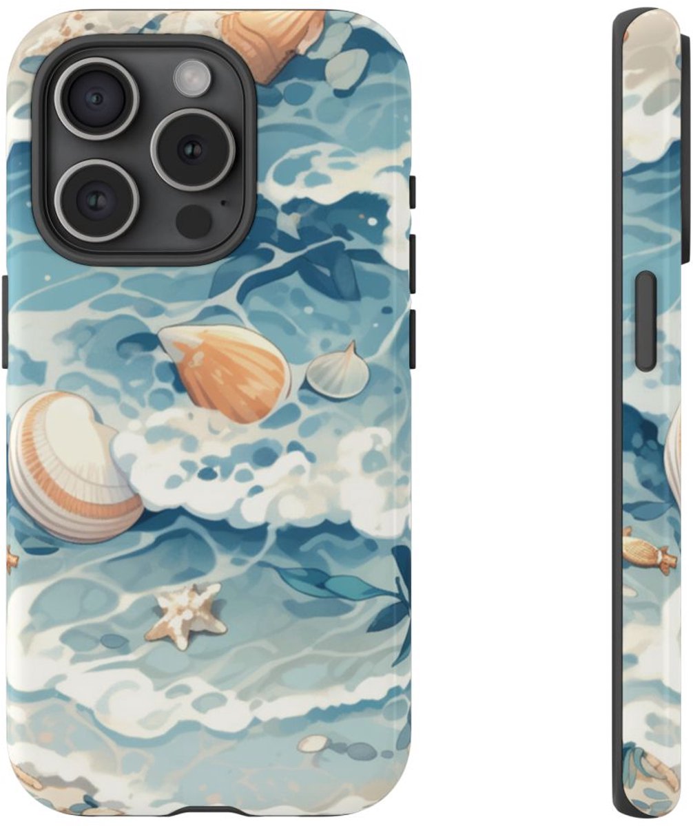 Zeesterren en Schelpen op Oceaangolven – Telefoonhoesje Geschikt voor iPhone 15 Pro