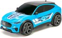 Blauwe Ford Mustang speelgoedauto met zwarte accenten en zilveren velgen.