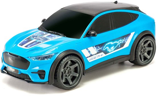 Blauwe Ford Mustang speelgoedauto met zwarte accenten en zilveren velgen.