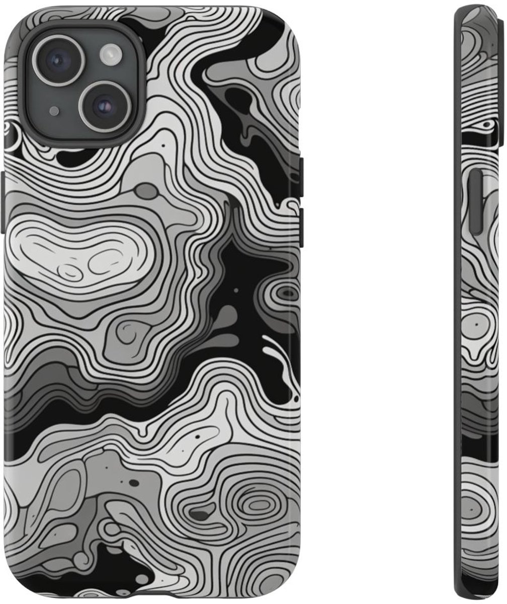 Monochroom Topografisch Patroon – Telefoonhoesje Geschikt voor iPhone 15 Plus