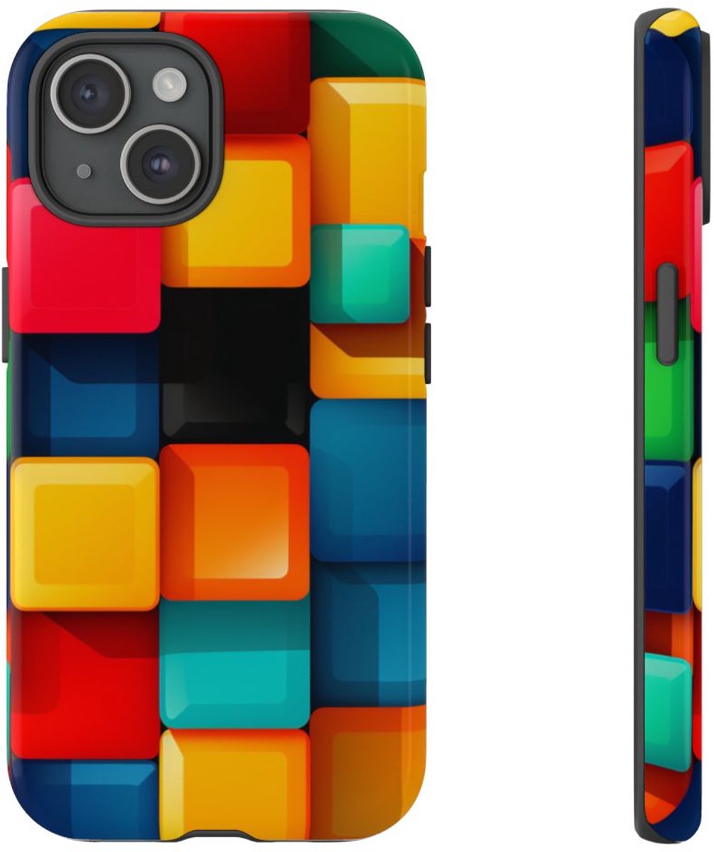 Kleurrijk 3D Vierkantenpatroon – Telefoonhoesje Geschikt voor iPhone 15