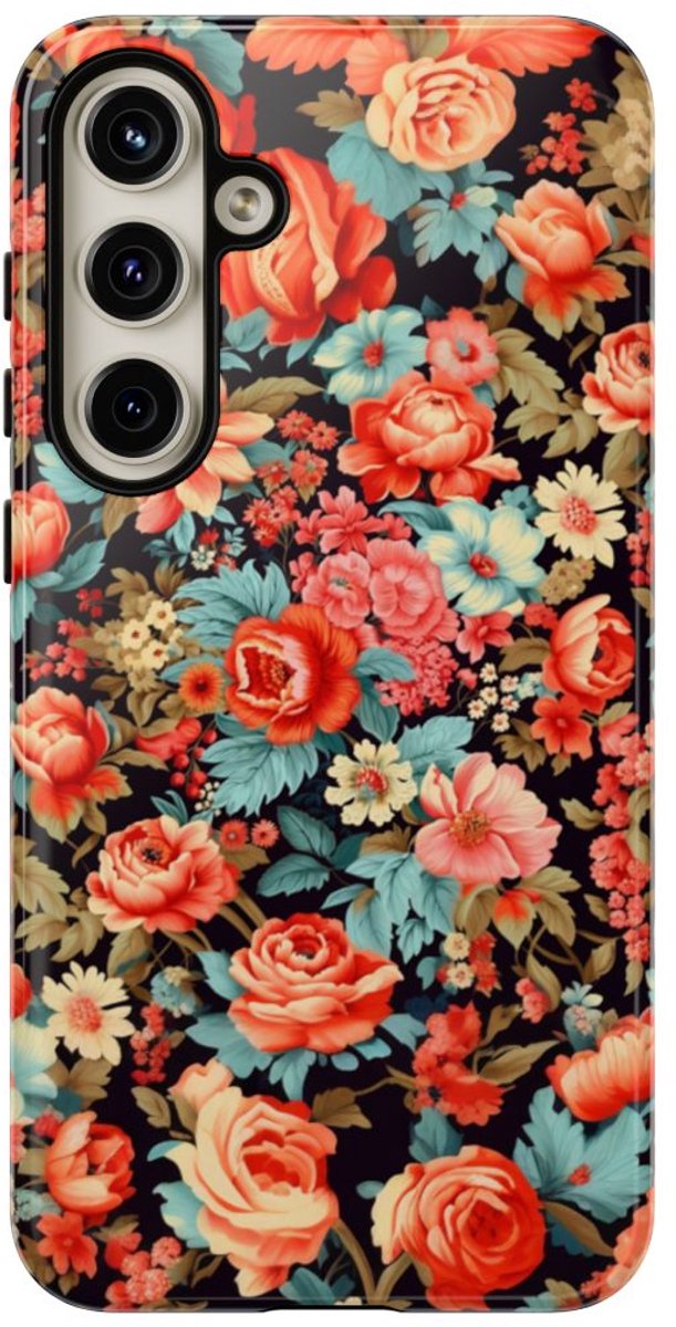 Vintage Bloemenpatroon in Koraal en Blauw – Telefoonhoesje Geschikt voor Samsung Galaxy S24 Plus