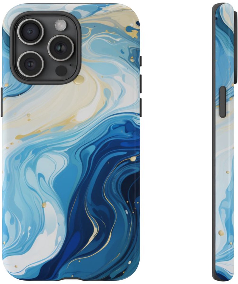 Blauw-Witte Marmer Abstract – Telefoonhoesje Geschikt voor iPhone 15 Pro Max