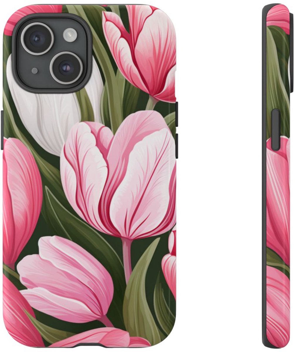 Roze en Witte Tulp Bloemenpatroon – Telefoonhoesje Geschikt voor iPhone 15