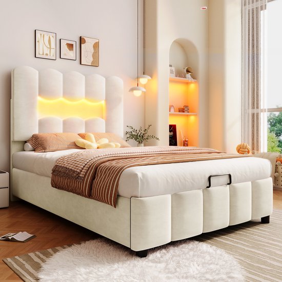 Gestoffeerd bed 90 x 200 cm - geen matras - LED-verlichting - met opbergruimte - verstelbaar hoofdeinde - beige