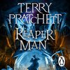 Boekcover van 'Reaper Man' met een skelet, zeis, en een kristallen bol met twee figuren.