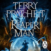 Boekcover van 'Reaper Man' met een skelet, zeis, en een kristallen bol met twee figuren.
