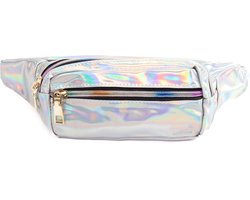 KIMU Klein Holografisch Heuptasje Zilver Rechthoek - Fanny Pack Met Twee Vakken - Zwarte Band - Tasje Heuptasje Festival