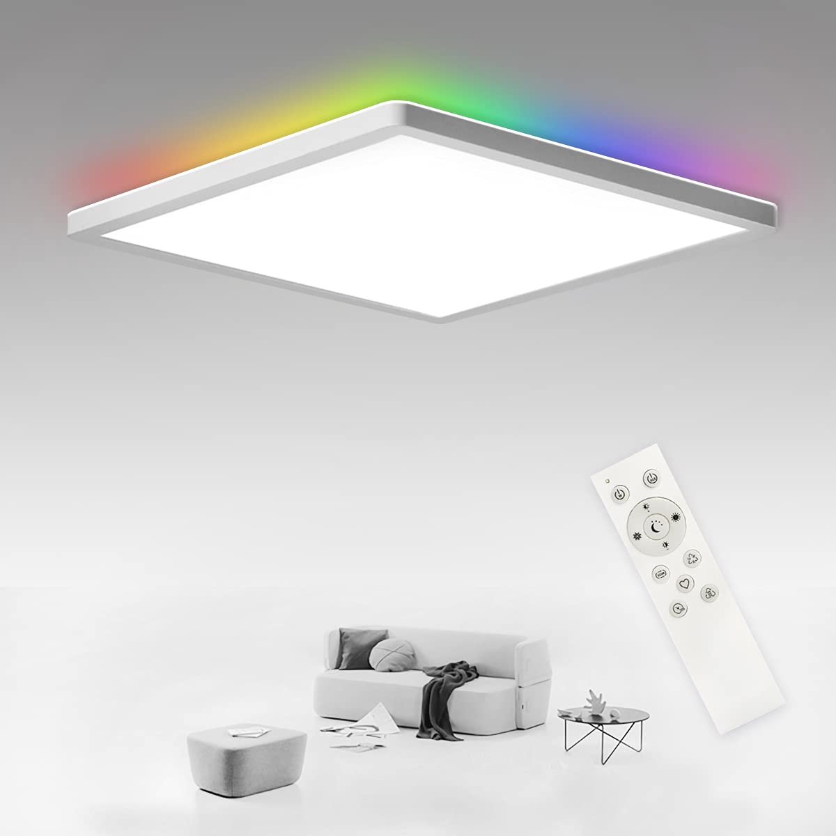 Epochglo LED Plafondlamp RGB – Dimbaar met Afstandsbediening & Memory Functie – 30 cm Vierkant, Wit, Ultra Plat met Achtergrondverlichting