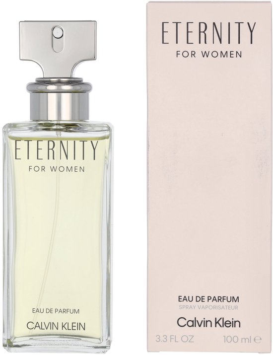 Calvin Klein Eternity for Women Eau de Parfum, 100 ml fles naast de doos.