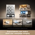 Illustratie van een robotstofzuiger met wisselbare dweilen voor keuken, badkamer en woonkamer