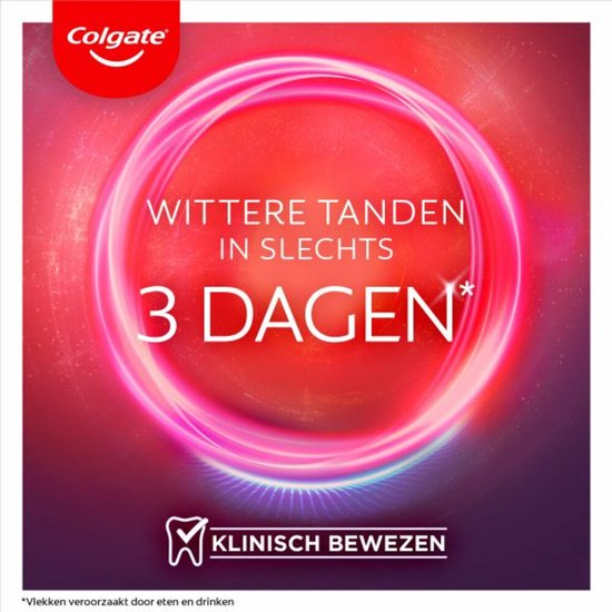 Een roze en rode cirkel met glinsterende sterren en belletjes. Tekst: 'Wittere tanden in slechts 3 dagen'.
