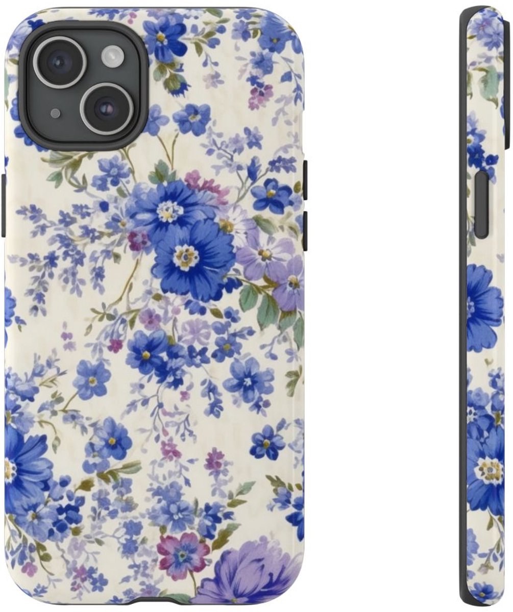 Blauw-Paars Bloemenpatroon – Telefoonhoesje Geschikt voor iPhone 15 Plus