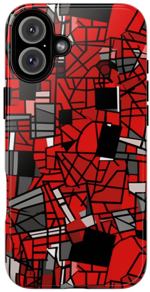 Abstract Rood-Zwart Geometrisch Patroon – Telefoonhoesje Geschikt voor iPhone 16 Plus