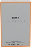 Doosje BOSS HUGO BOSS IN MOTION eau de toilette natural spray 100 ml. Grijze voorkant met oranje rand.