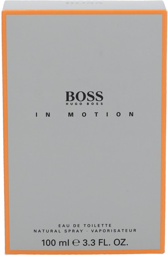 Doosje BOSS HUGO BOSS IN MOTION eau de toilette natural spray 100 ml. Grijze voorkant met oranje rand.