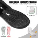 Close-up van een zwarte sportschoen met transparante overlay die de vorm van de voet toont. Tekst: 'WIDE TOE BOX - FOOTSHAPE FIT DESIGN'.