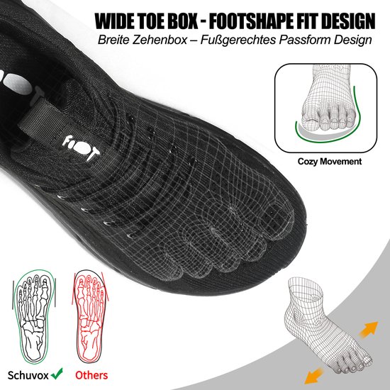Close-up van een zwarte sportschoen met transparante overlay die de vorm van de voet toont. Tekst: 'WIDE TOE BOX - FOOTSHAPE FIT DESIGN'.