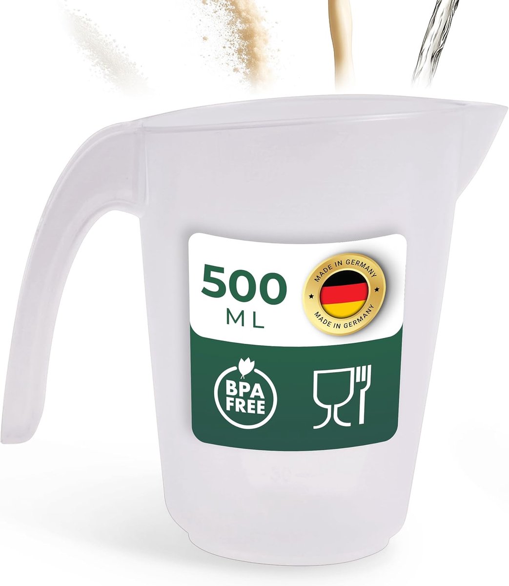 Novaliv maatbeker 500ml, maatbeker 0,5l set transparant met duidelijke g/ml schaalverdeling voor vloeistoffen bloem & suiker, Made in Germany, vaatwasserbestendig, mengkom doseerbeker maatbeker