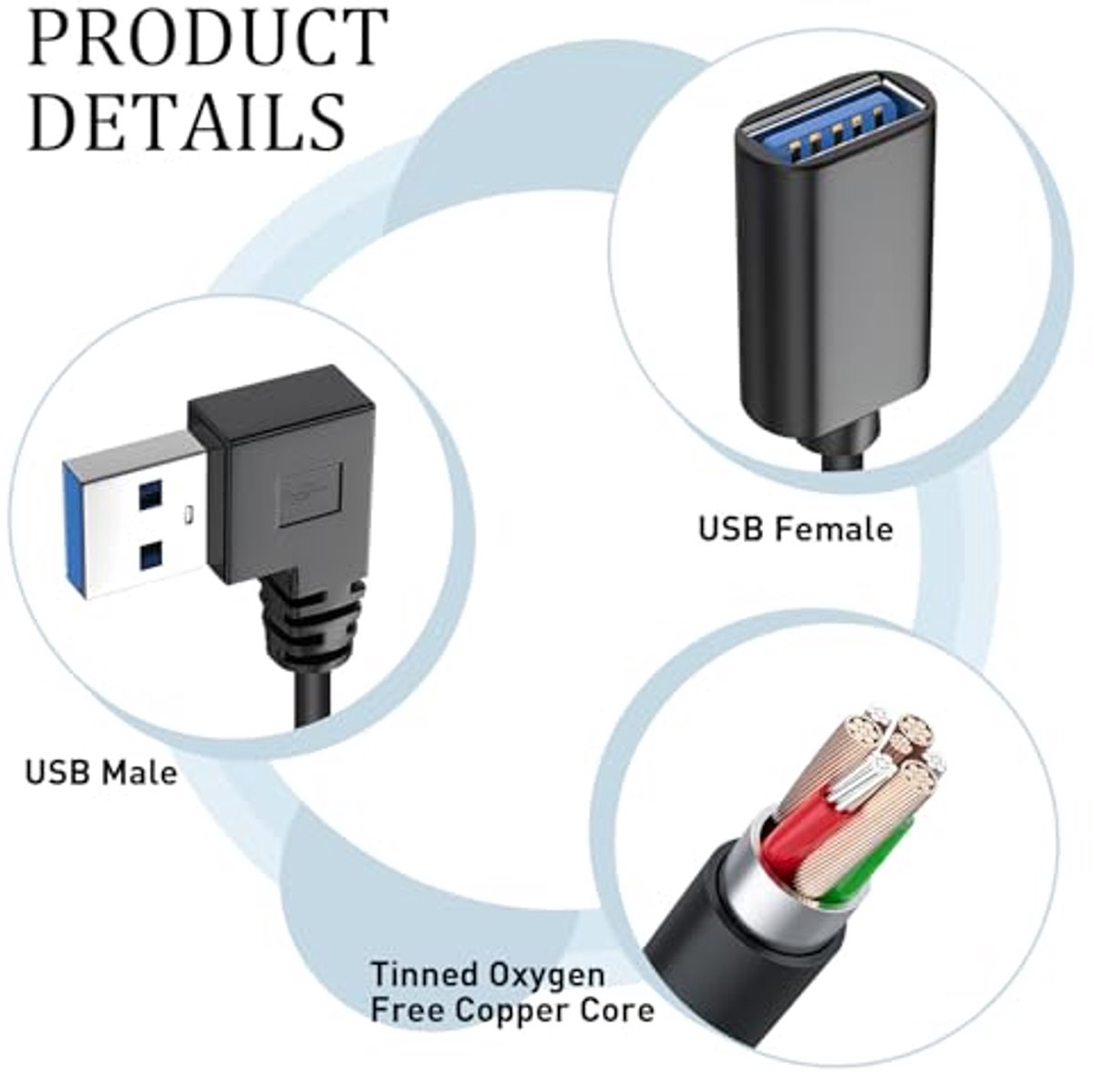 Image of 2PCS 30cm Extension Cable, USB 3.0, Male to Female Plug, Type A, Short USB Cable, 90 Degree Angle, Right and Left Corner, Data Transfer, Compatible with PC, Laptop - Black