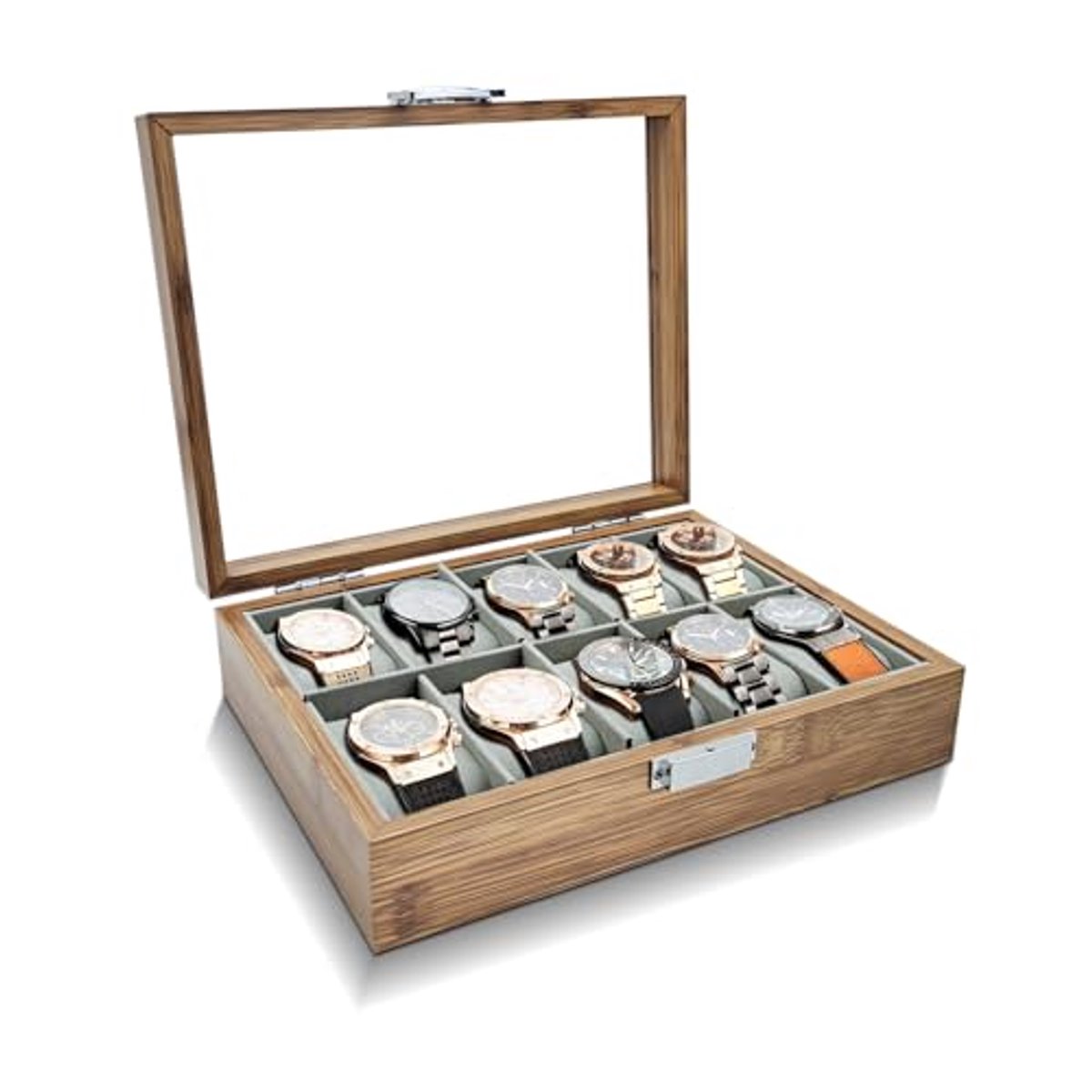 Horlogedoos met 10 sleuven en afneembaar kussen - Vintage horlogedisplay met glazen deksel