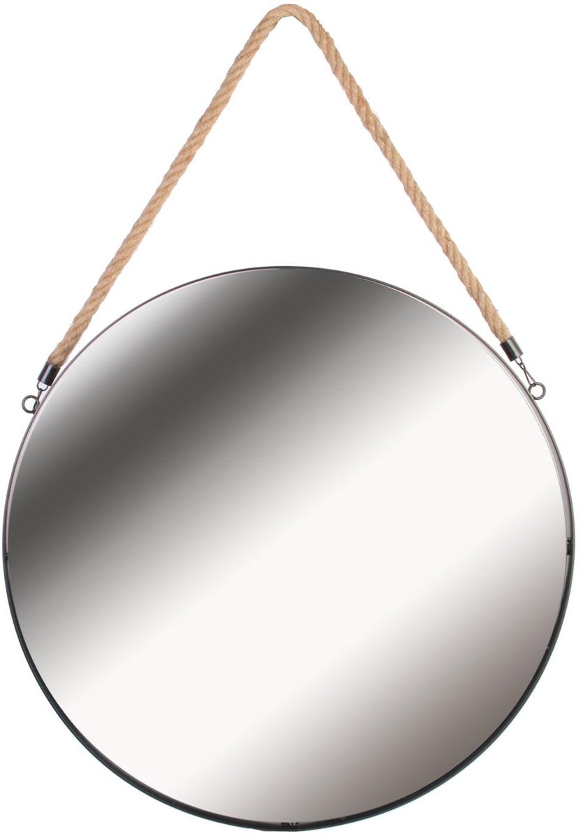 Home Deco Factory spiegel - rond - zwart - ophangtouw - D50 cm - wandspiegels