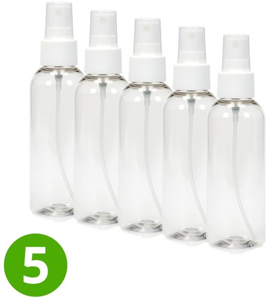 5x Spray Bottle 100 ml - Transparant - Rond - Witte Mist Sprayer - verstuiver dop - E-pro - Spuitfles - Plantenspuit - Reisflesjes - Spray fles leeg - Sprayflacon - Spray bottle hair mist - Lekvrij - Hervulbaar - Tall Boston Round PET BPA vrij