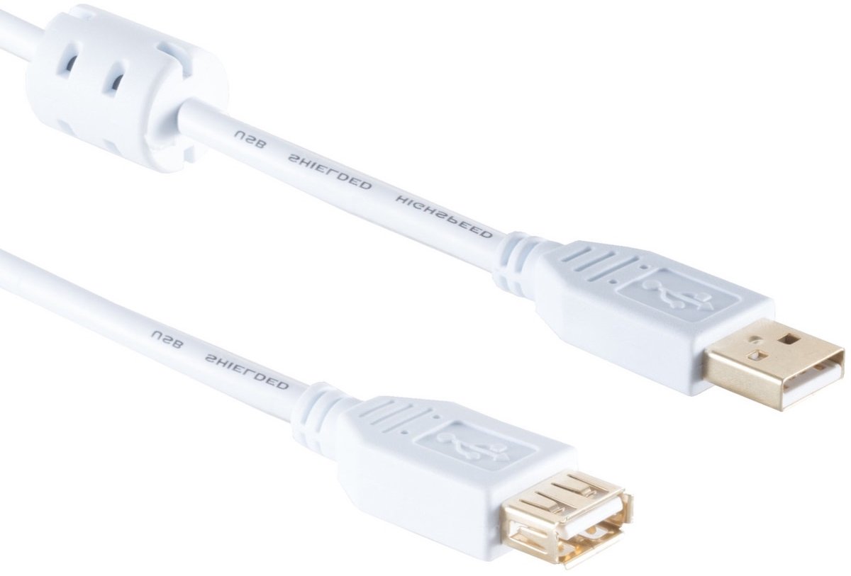 USB-A verlengkabel | ferrietkern | verguld | USB2.0 | 10W | wit | 1 meter