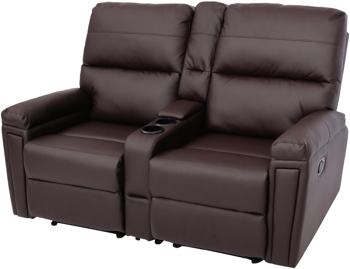 MCW 2-zits bioscoopfauteuil MCW-K17, relaxfauteuil TV fauteuil bank, Nosa vering bekerhouder compartiment ~ kunstleer bruin