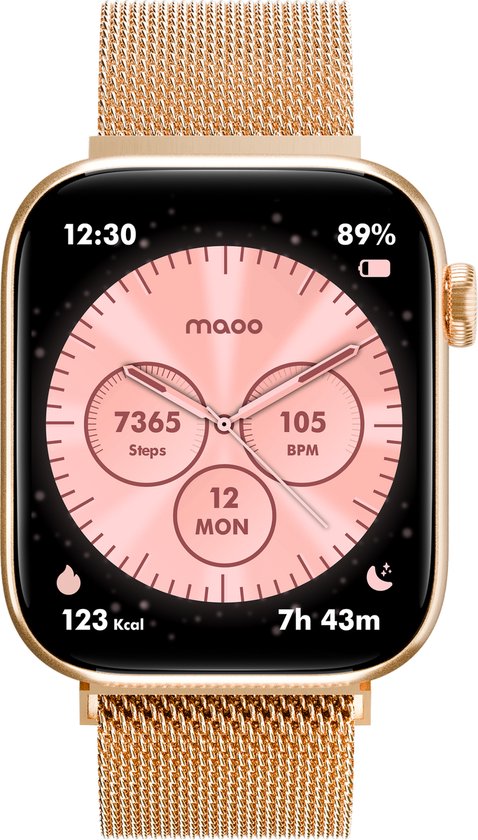Gouden smartwatch met roségouden Milanese band en een lichtroze wijzerplaat met stappenteller, hartslagmeter en datum.
