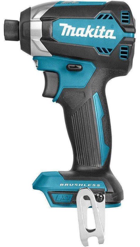 Makita slagschroevendraaier met zwarte grip, turquoise accenten en zilveren details.