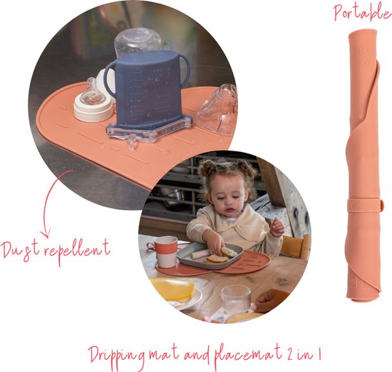 Bébé on the Move - Yummy Mat - Set de table et tapis anti-goutte 2 en 1 - Enroulable et portable - Compatible lave-vaisselle - Anti-poussière - Bloom