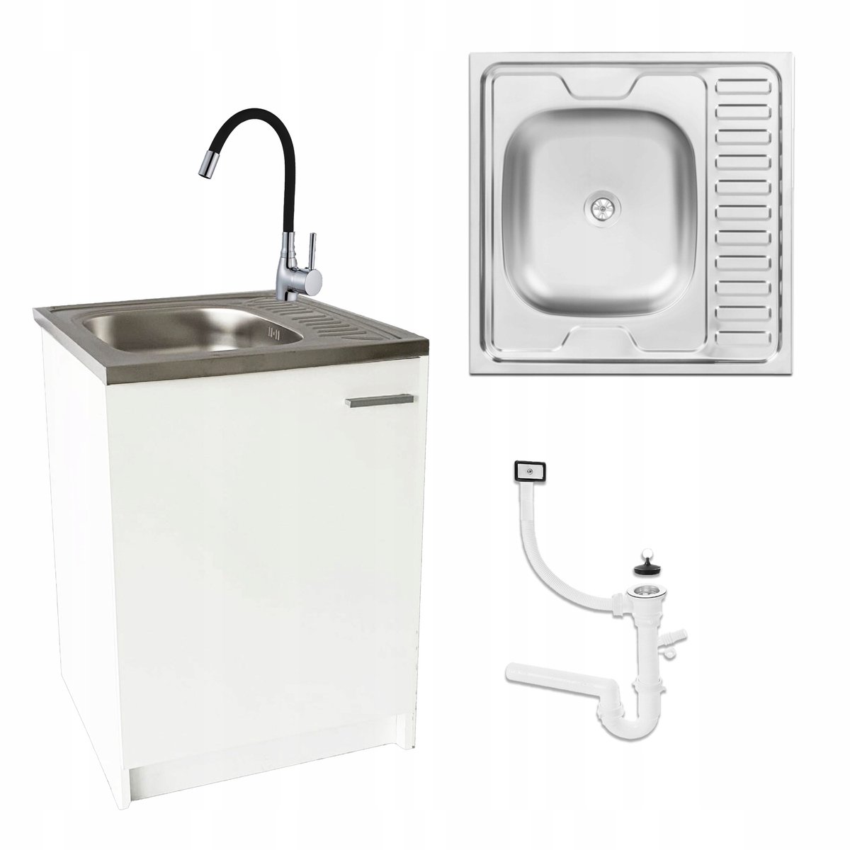 STAMAR Keukenonderkast 60 cm met 1-baks RVS spoelbak, keukenkraan en sifon - mat wit
