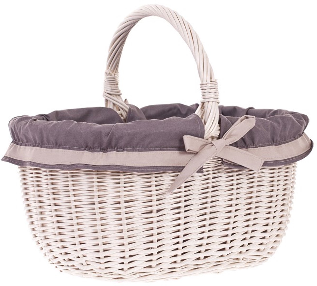 The Wicker Stories - Handgemaakte Rieten Winkelmand – Europees Vakmanschap volgens UNESCO-traditie – Whitewash met Grijze Stoffen Afwerking – Ideaal voor Boodschappen en Picknick