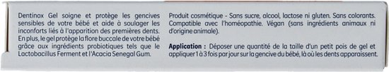 Dentinox Gel verzacht en beschermt tandvlees. Geschikt voor baby's. Vegan. Bevat Lactobacillus Ferment en Acacia Senegal Gum.