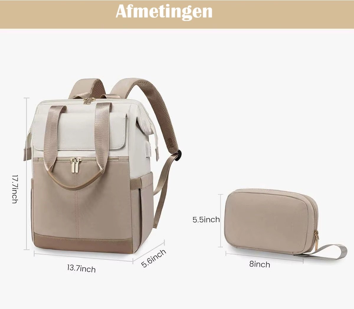 Beige Crème Oxford Rugzak voor Vrouwen (43x30x20 cm) – Waterdicht, Ruim & Stijlvol | Luiertas, Reistas & Werktas met Extra Clutch (21x15 cm), Kofferband & Anti-diefstal Achtervak – foto 8