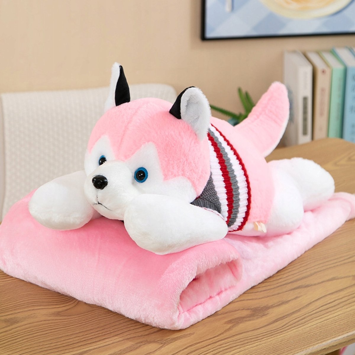 Pluche Husky Knuffel met Dekentje - Roze, 3-in-1