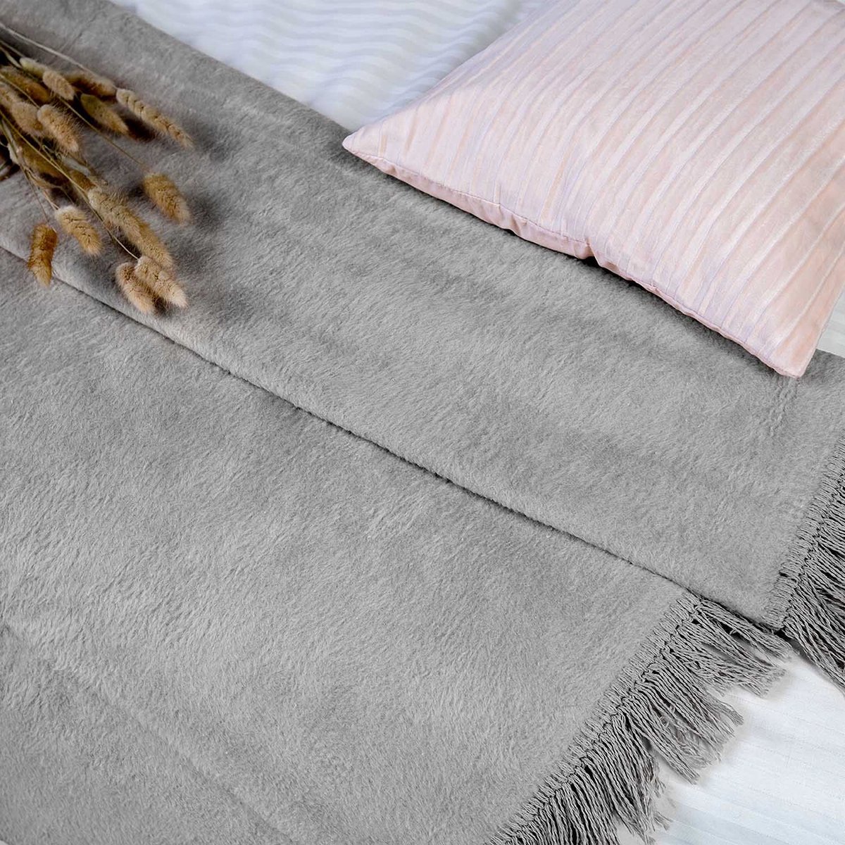 Zachte Katoenen Plaid 150x200cm Grijs met Franjes - 450g/m²