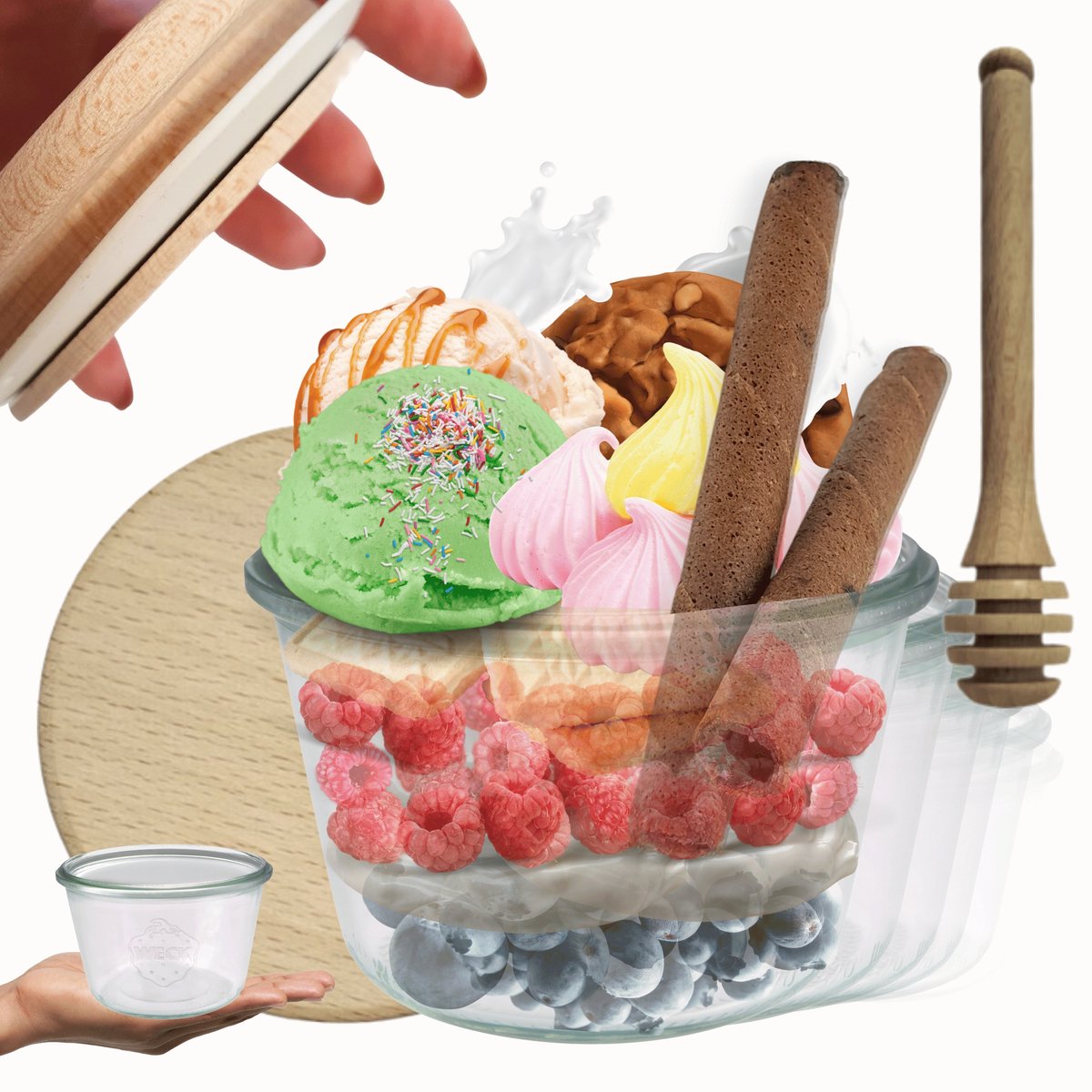 Weck Glazen Potten 370ml met Houten Deksel & Lepel - 6 Stuks