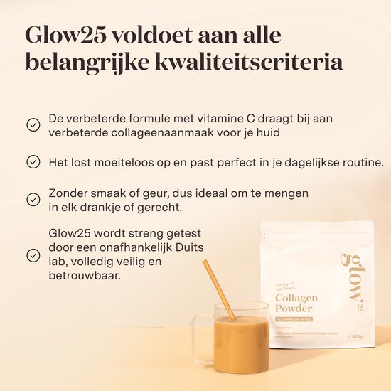 Glow25 Collageenpoeder in een glas koffie met een rietje, met tekst over kwaliteit.