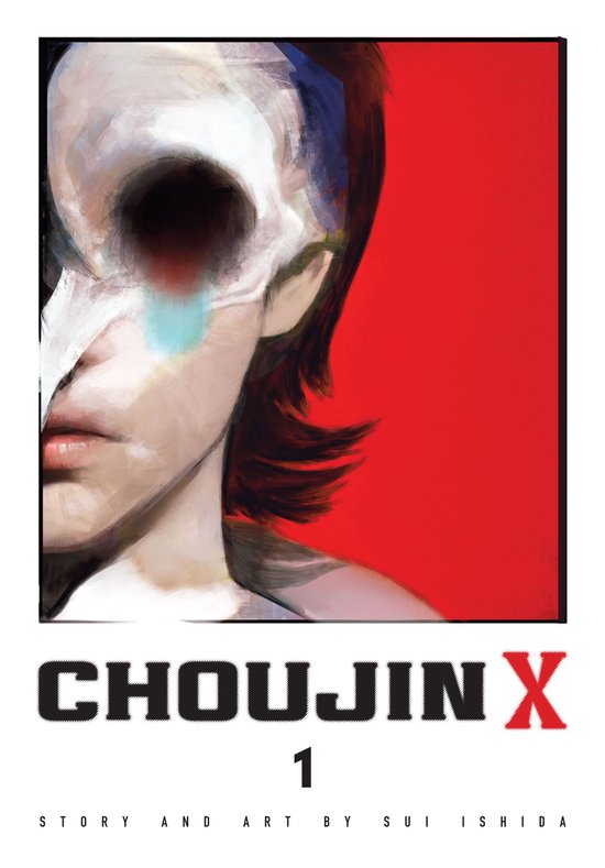 Couverture du livre Choujin X 1 avec une image abstraite d'un visage sur fond rouge.