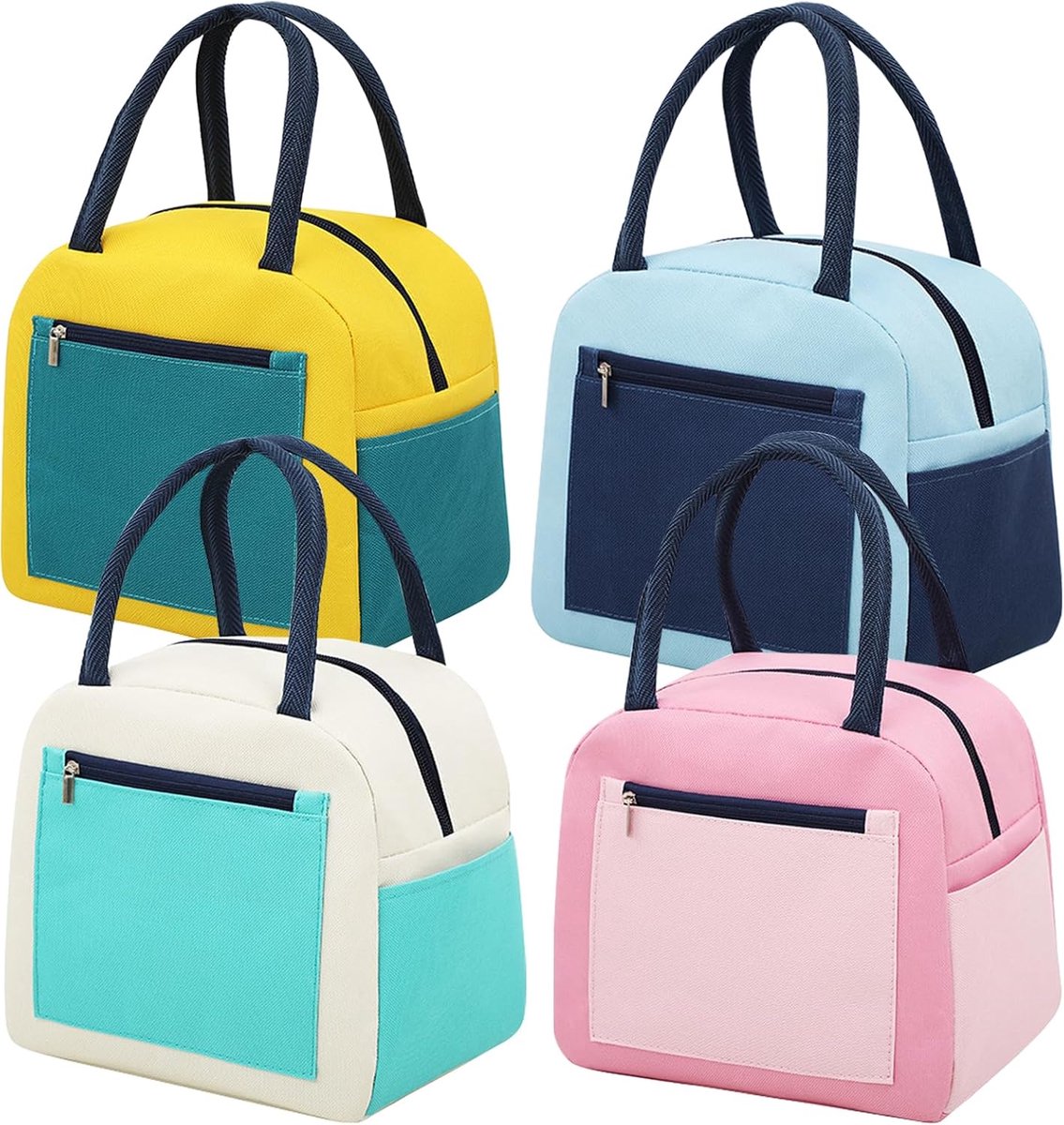 Koeltassen - 4 stuks geïsoleerde lunchtassen voor mannen en vrouwen, herbruikbare handtassen, koeltassen, lunchtassen met lunchdoos, pique-niquetassen voor werk en kantoor (4 stuks met stikkleur)